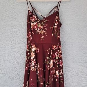 A. Byer Burgundy Floral Midi Dress with Spaghetti Straps